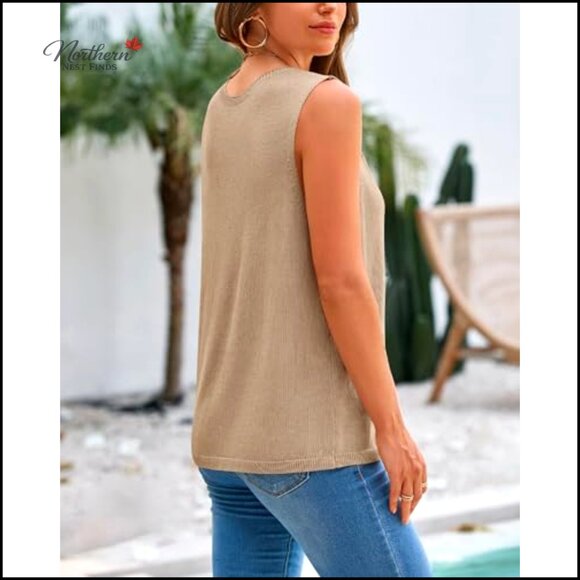 Sleeveless Ribbed Knit Sweater Vest Lightweight Pullover Crew Neck Tank Top - Picture 3 of 7